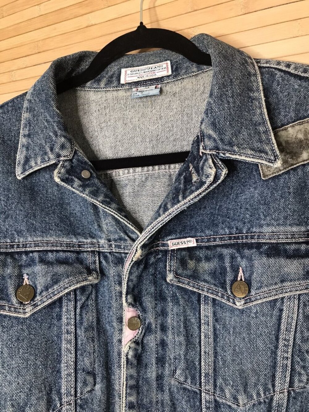 Vintage 80s Patchwork Denim Guess Jeans Jacket Size Medium M - Picture 5 of 8